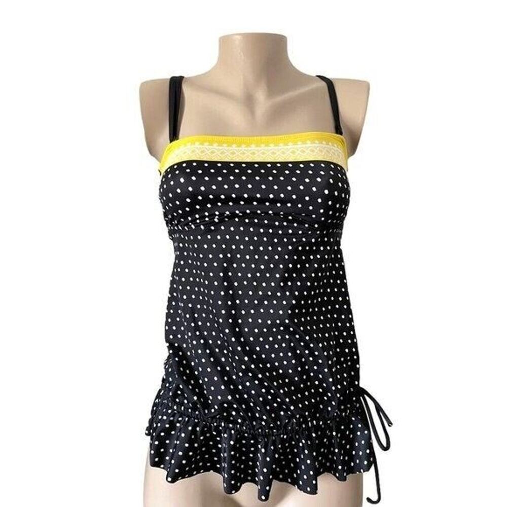 24th & Ocean Polka Dot Black White Yellow Ruffled Bandeau Tankini Top Size S